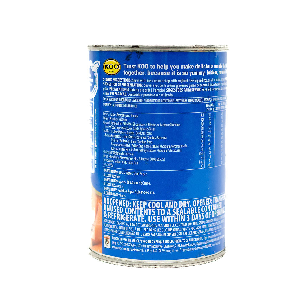 A can of KOO Guava Halves in syrup from Biltong Direct, with the brand's logo.