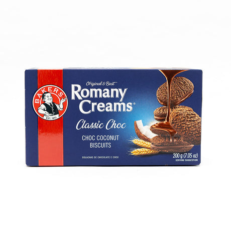 A packaged food product featuring Bakers Romany Creams Classic Choc biscuits from Biltong Direct, with an image of the biscuits and chocolate on the front.