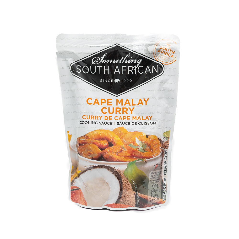 Packaging of Something South African Mild Cape Malay Curry sauce from Biltong Direct in a sachet with an image of the curry and ingredients like coconut and spices.