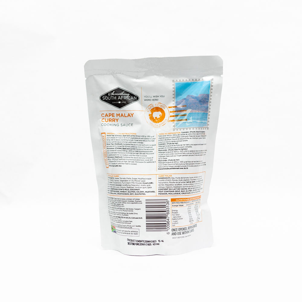 Packaging of Something South African Mild Cape Malay Curry sauce from Biltong Direct in a sachet with an image of the curry and ingredients like coconut and spices.