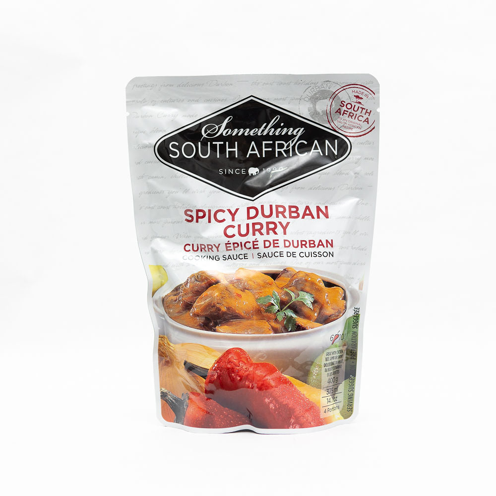 Packaging of Something South African Spicy Durban Curry sauce from Biltong Direct, showing the product name and an image of the curry with vegetables.