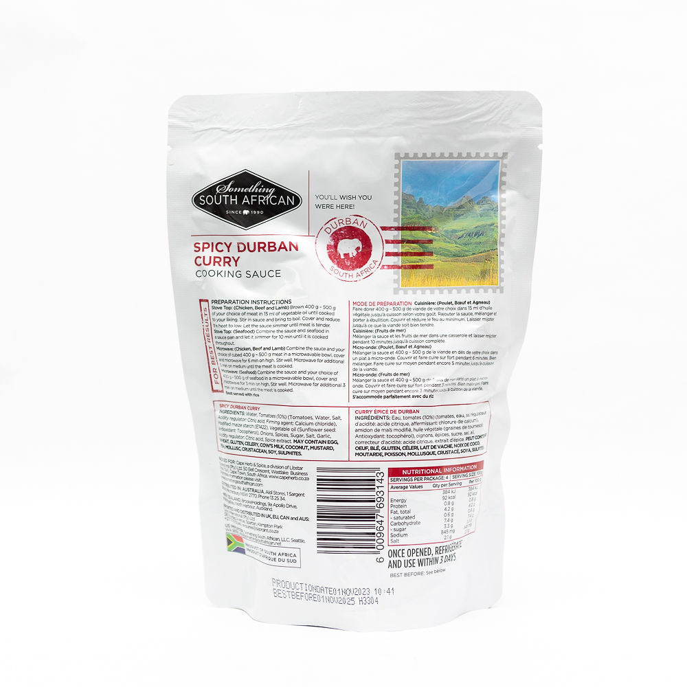 Packaging of Something South African Spicy Durban Curry sauce from Biltong Direct, showing the product name and an image of the curry with vegetables.