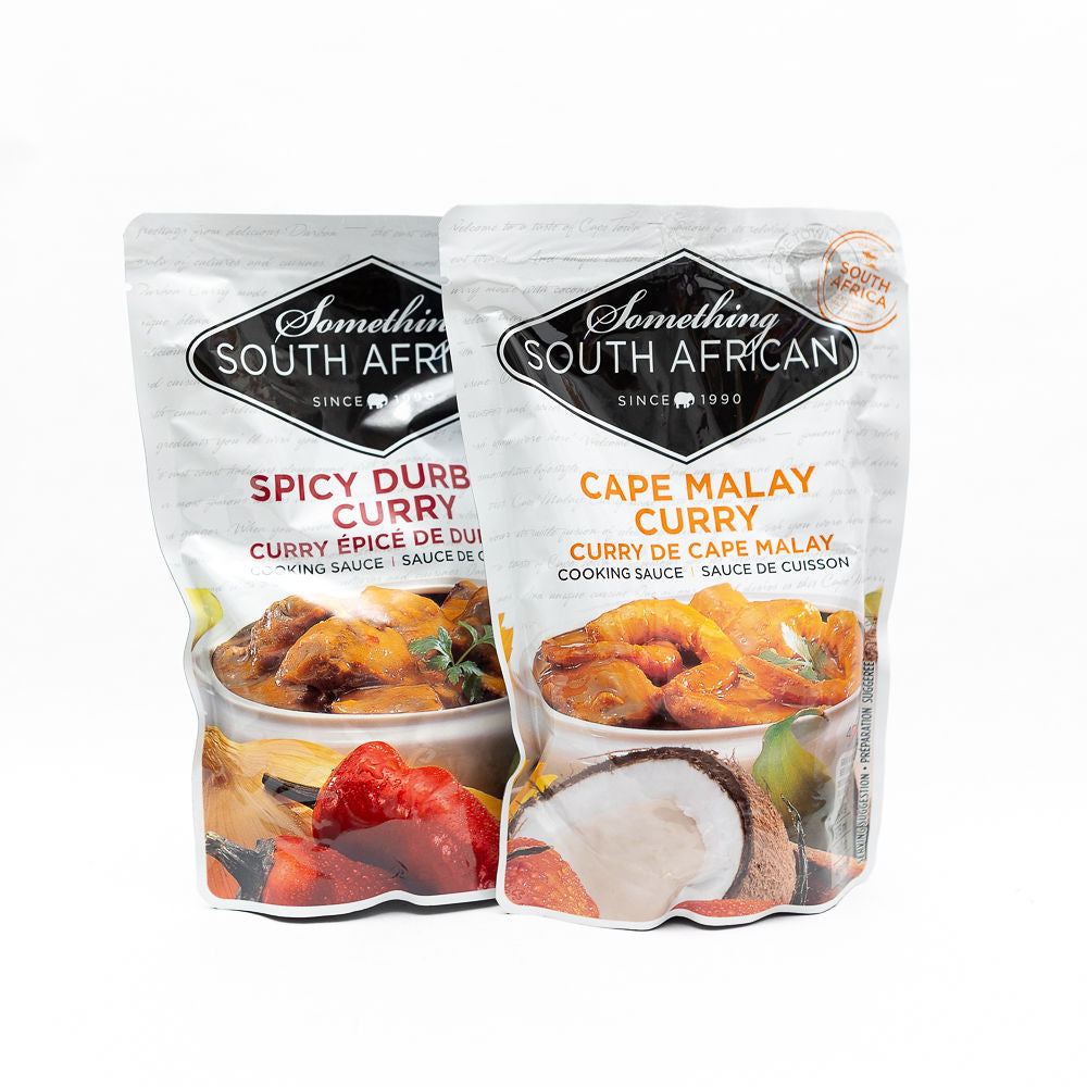 Teo packaging of Something South African Mild Cape Malay Curry sauce and Spicy Durban Curry sauce from Biltong Direct in a sachet.