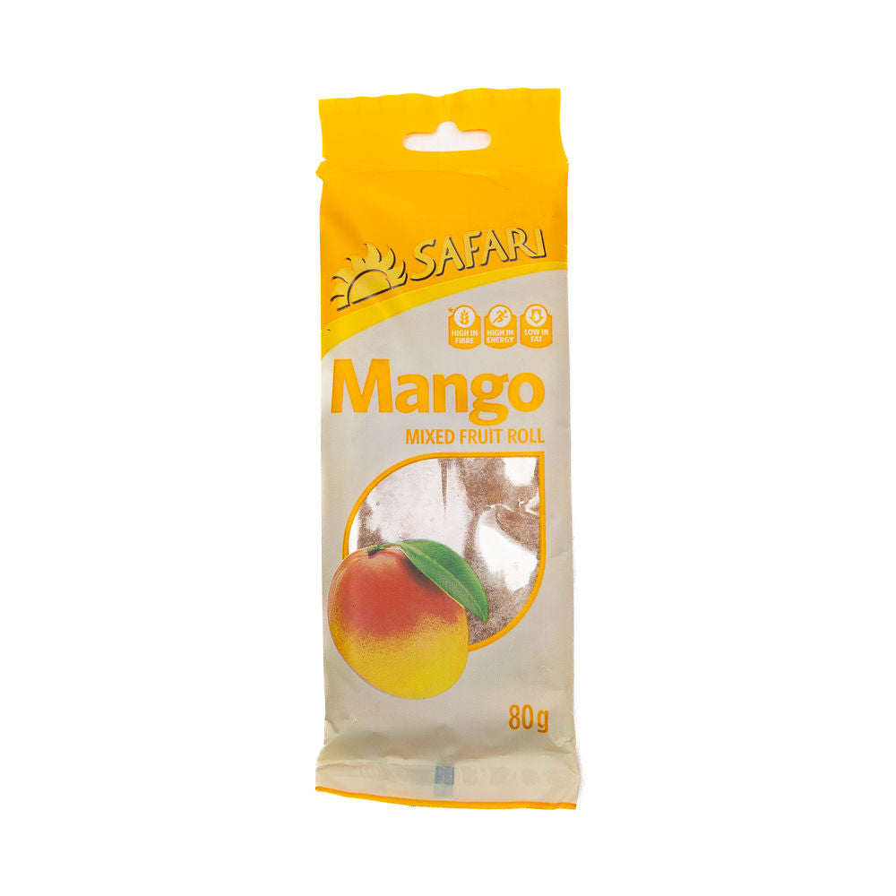 Packaging of Safari Mango fruit rolls from Biltong Direct displaying the product and its name, with an image of an Mango on the front, against a white background.