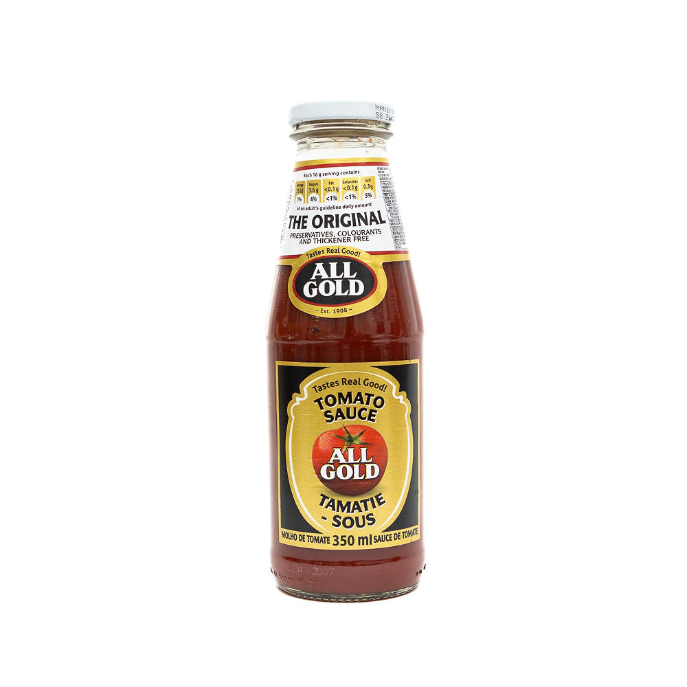 A bottle of All Gold Tomato Sauce, 350ml from Biltong Direct, with a label that includes the brand name and the product name.