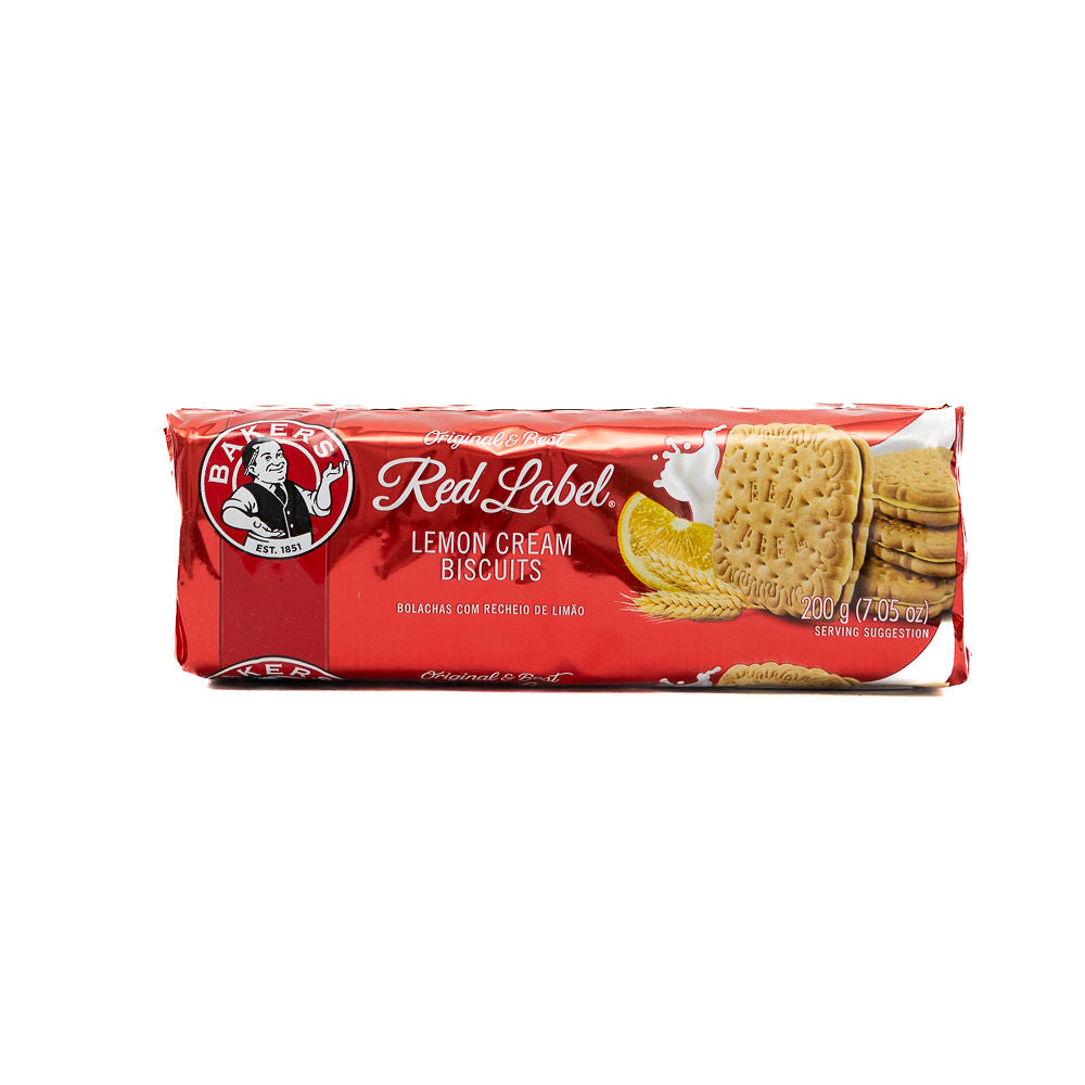 A package of Bakers Red Label Lemon Cream Biscuits from Biltong Direct. The packaging is predominantly red with an image of the biscuits and a lemon on the cover.