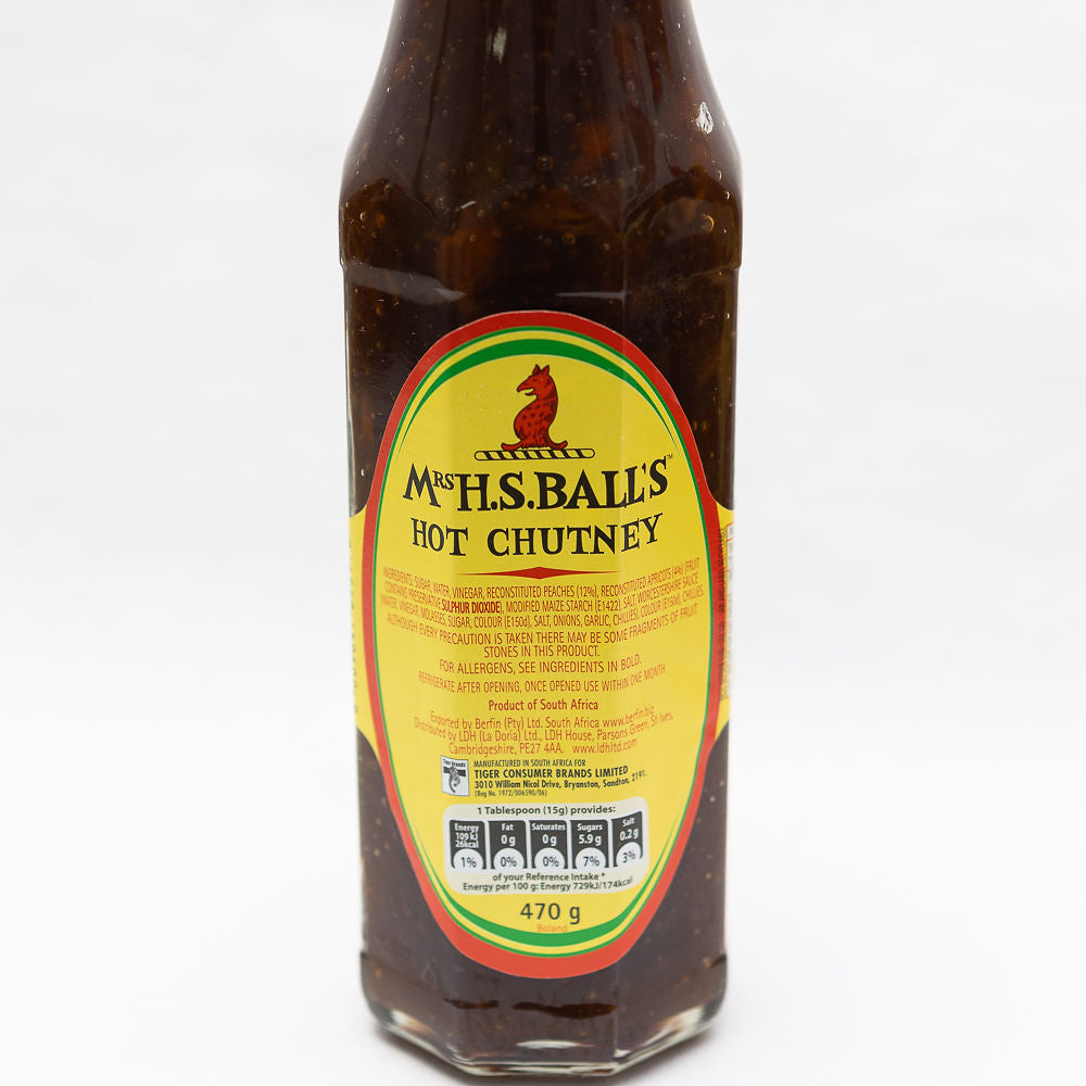 A jar of Mrs Balls Hot Chutney, 470g size from Biltong Direct, with a label showing the brand name and product name.