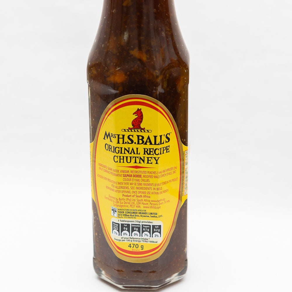 A jar of Mrs Balls Original Chutney from Biltong Direct with a label showing the brand name and the product name, placed against a white background.