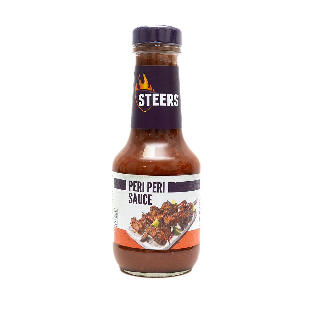 A bottle of Steers Peri Peri sauce from Biltong Direct with a label showing the brand name and the product name. The bottle is upright and has a visible brand logo with flames.