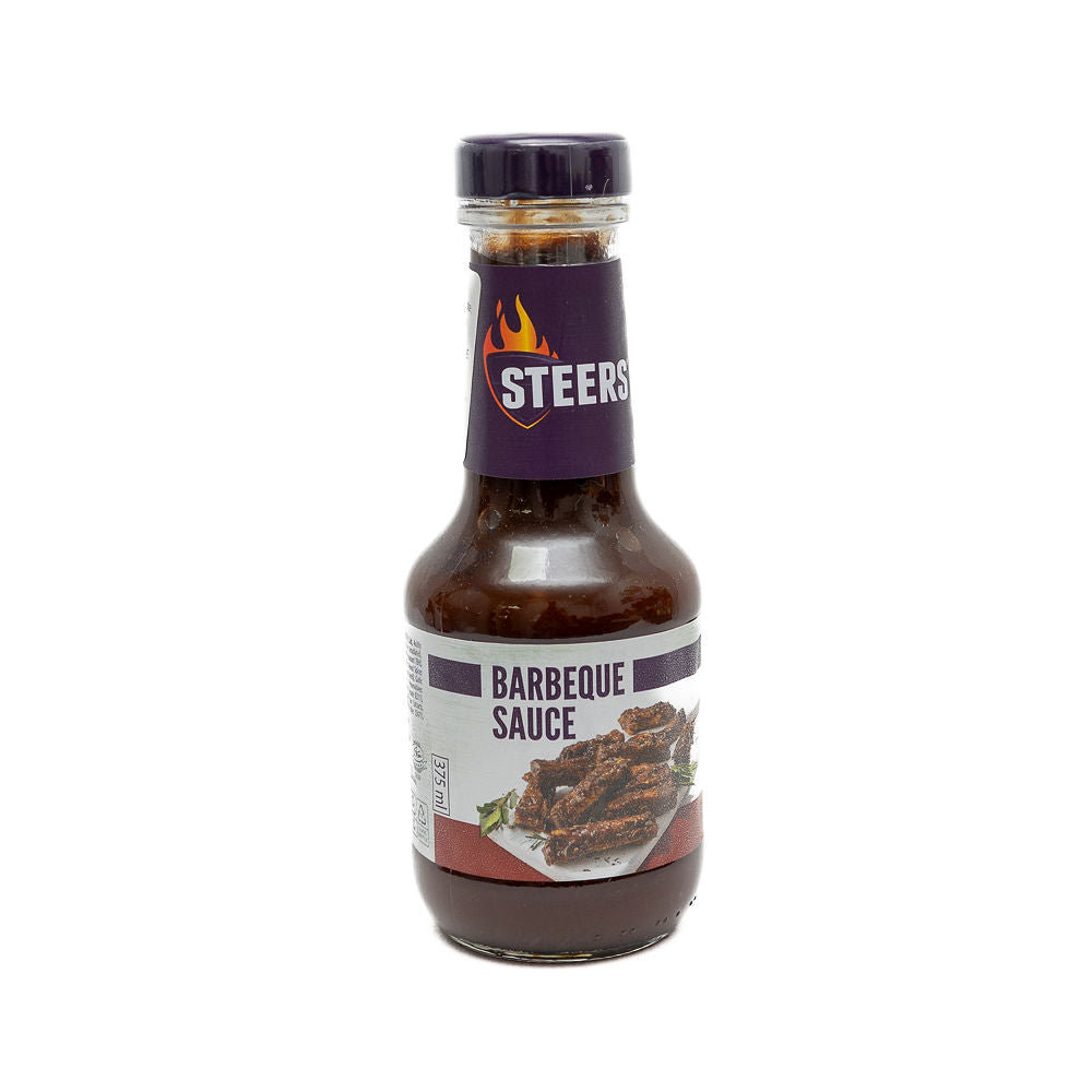 A 375ml bottle of Steers Sauce with the label indicating 'Barbecue Sauce' from Biltong Direct and an image of barbecued food on the front.