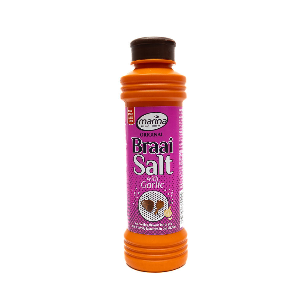 A bottle of Marina Braai Salt with Garlic 400g from Biltong Direct, predominantly orange in color with a label that includes the brand name, product name, and an image of garlic.