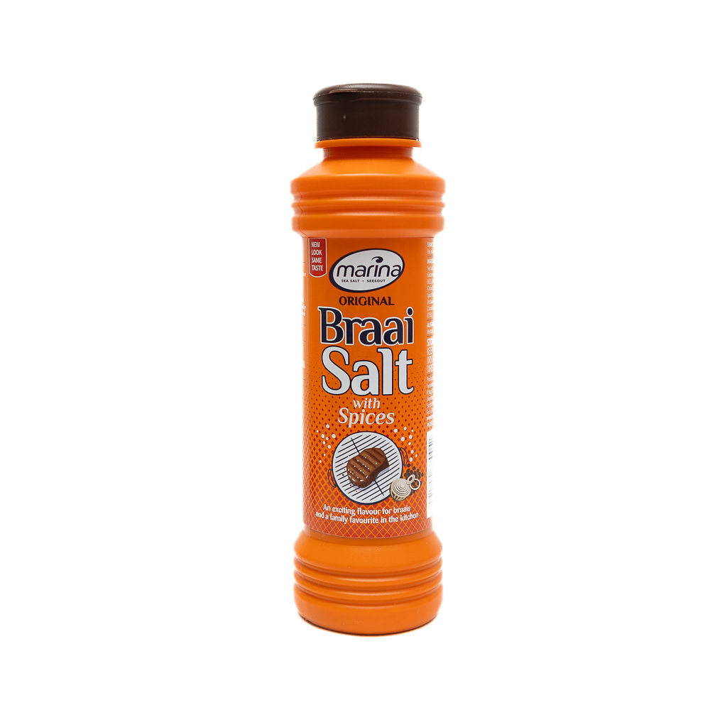 A shaker bottle of Marina Braai Salt with Spices, 400g size from Biltong Direct, with branding and product information displayed on the label.