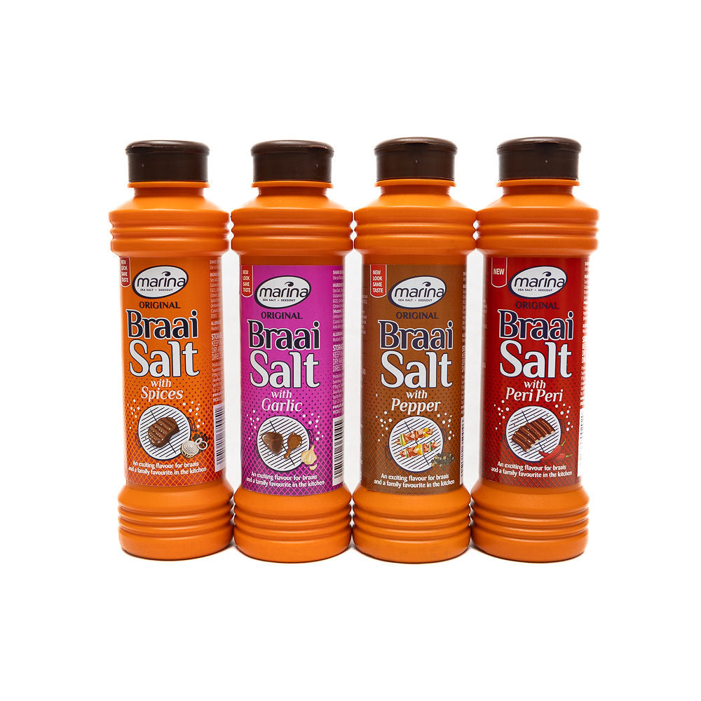 A collection of Braai Salt, with spices, with garlic, with pepper, with peri peri from Biltong Direct