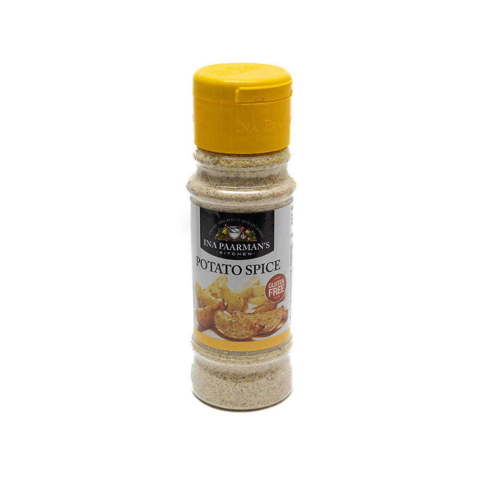 A 200ml jar of Ina Paarman Potato Spice from Biltong Direct with a yellow cap, labelled for seasoning potato dishes.