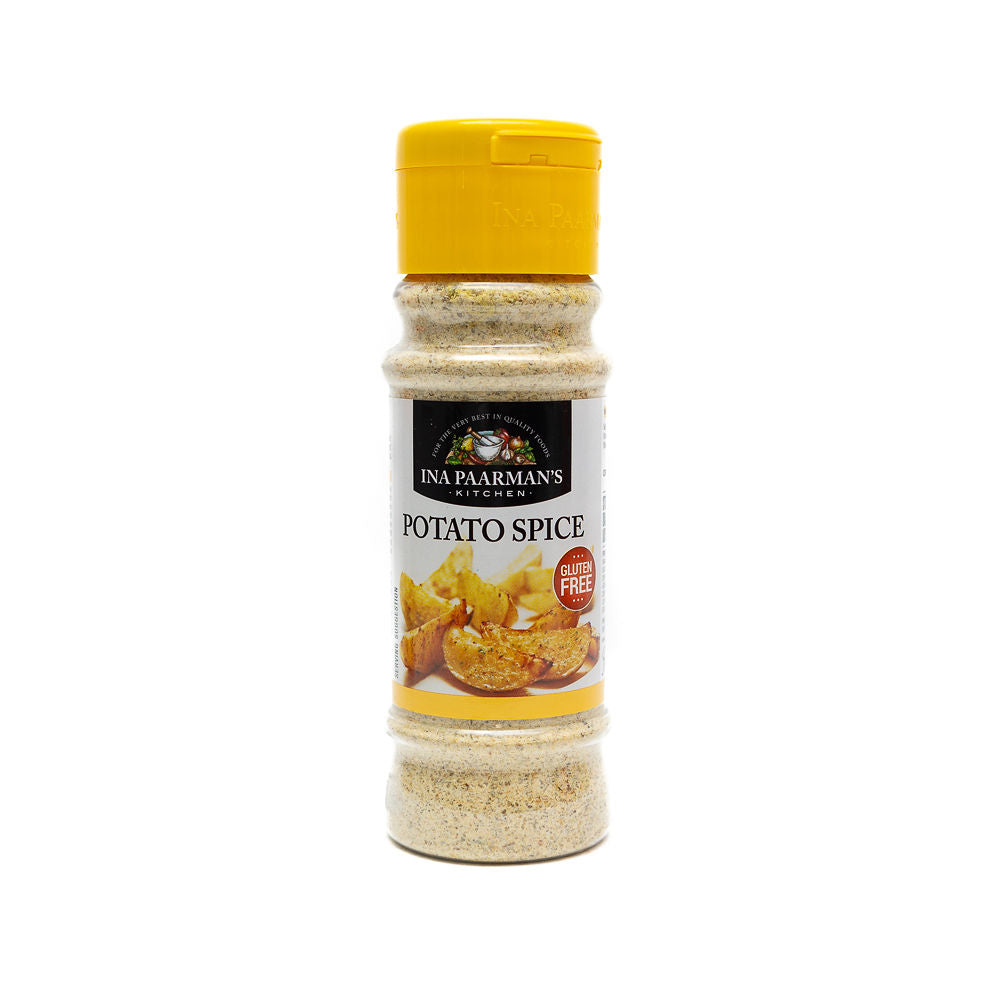 A 200ml jar of Ina Paarman Potato Spice from Biltong Direct with a yellow cap, labelled for seasoning potato dishes.