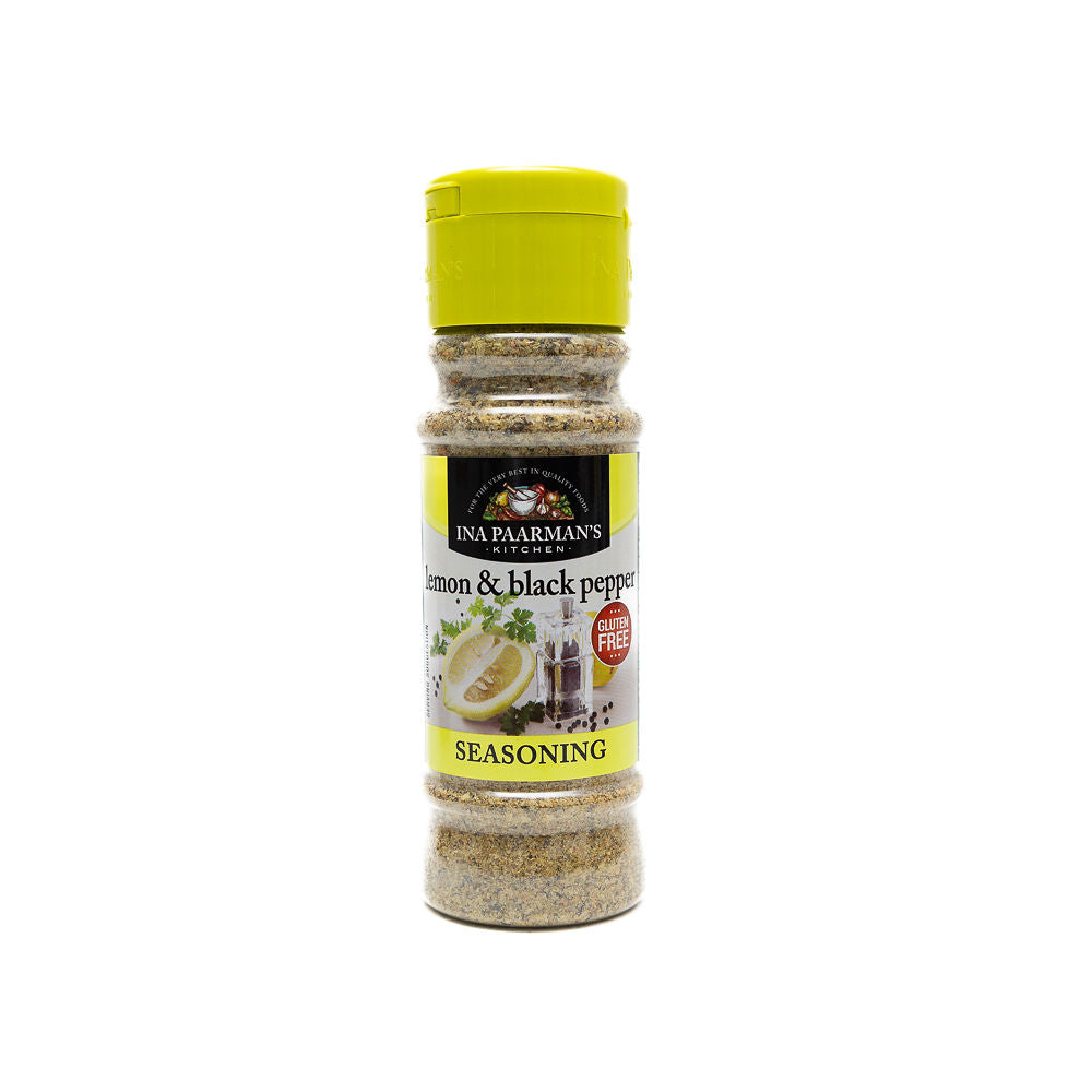 A bottle of Ina Paarman Lemon and Black Pepper Seasoning from Biltong Direct with a green cap on a white background.