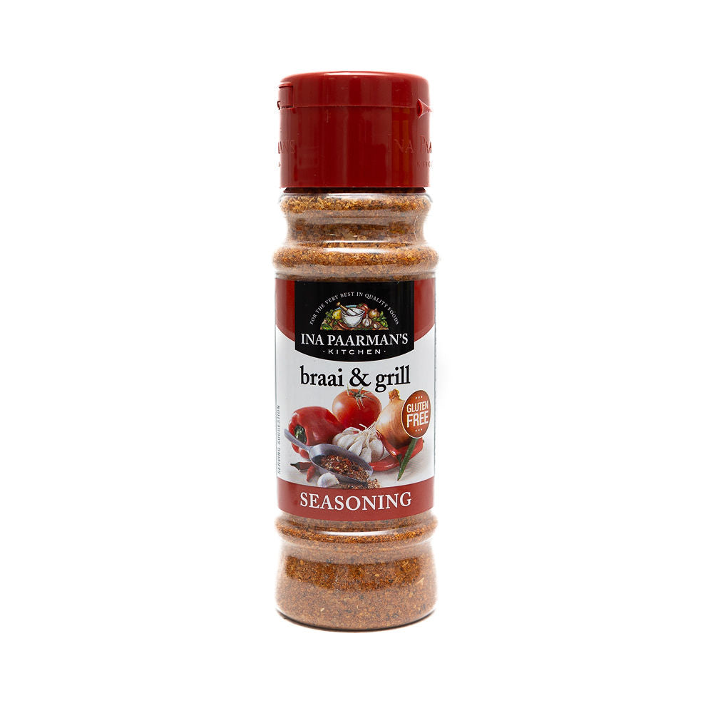 A bottle of Ina Paarman Braai & Grill Seasoning, 200ml from Biltong Direct.