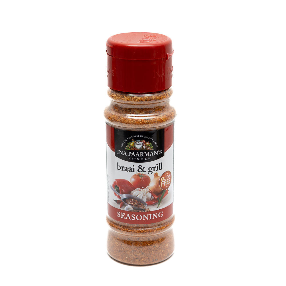 A bottle of Ina Paarman Braai & Grill Seasoning, 200ml from Biltong Direct.
