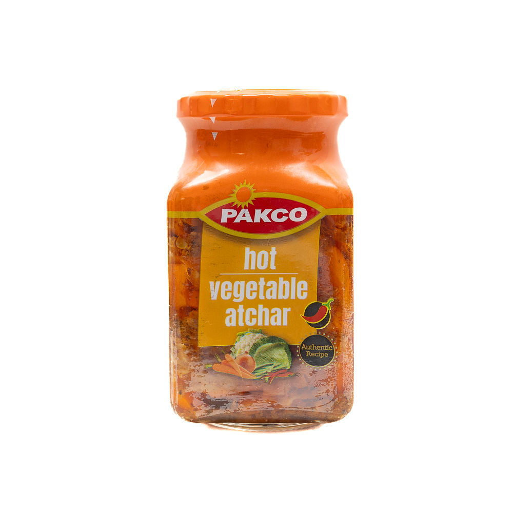 A jar of Pakco Hot Vegetable Atchar from Biltong Direct with a label showing the product name and a picture of the pickled vegetables.
