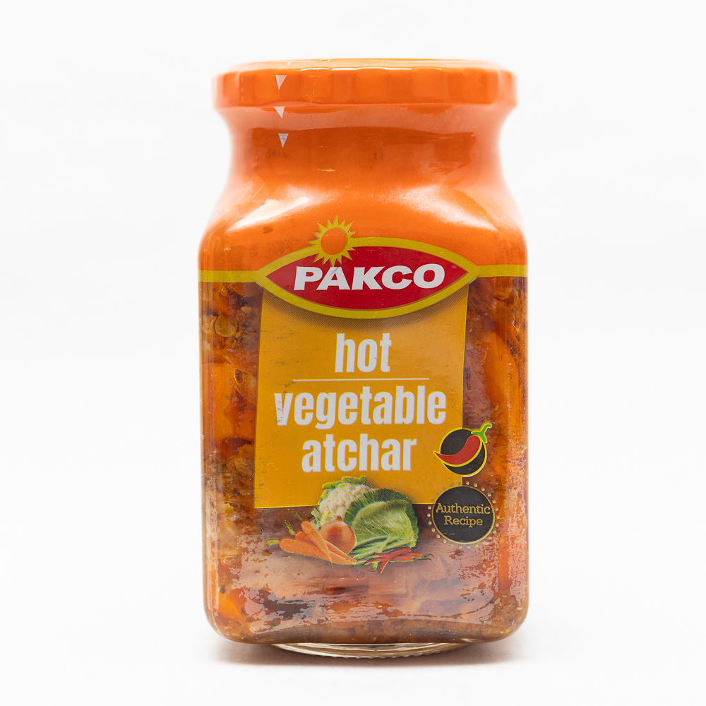 A jar of Pakco Hot Vegetable Atchar from Biltong Direct with a label showing the product name and a picture of the pickled vegetables.