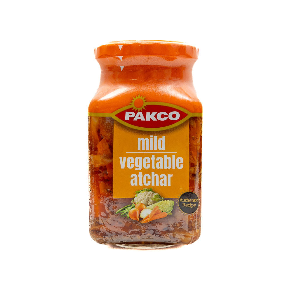 A jar of Pakco Mild Vegetable Atchar from Biltong Direct with a label showing the product name and a picture of the pickled vegetables.