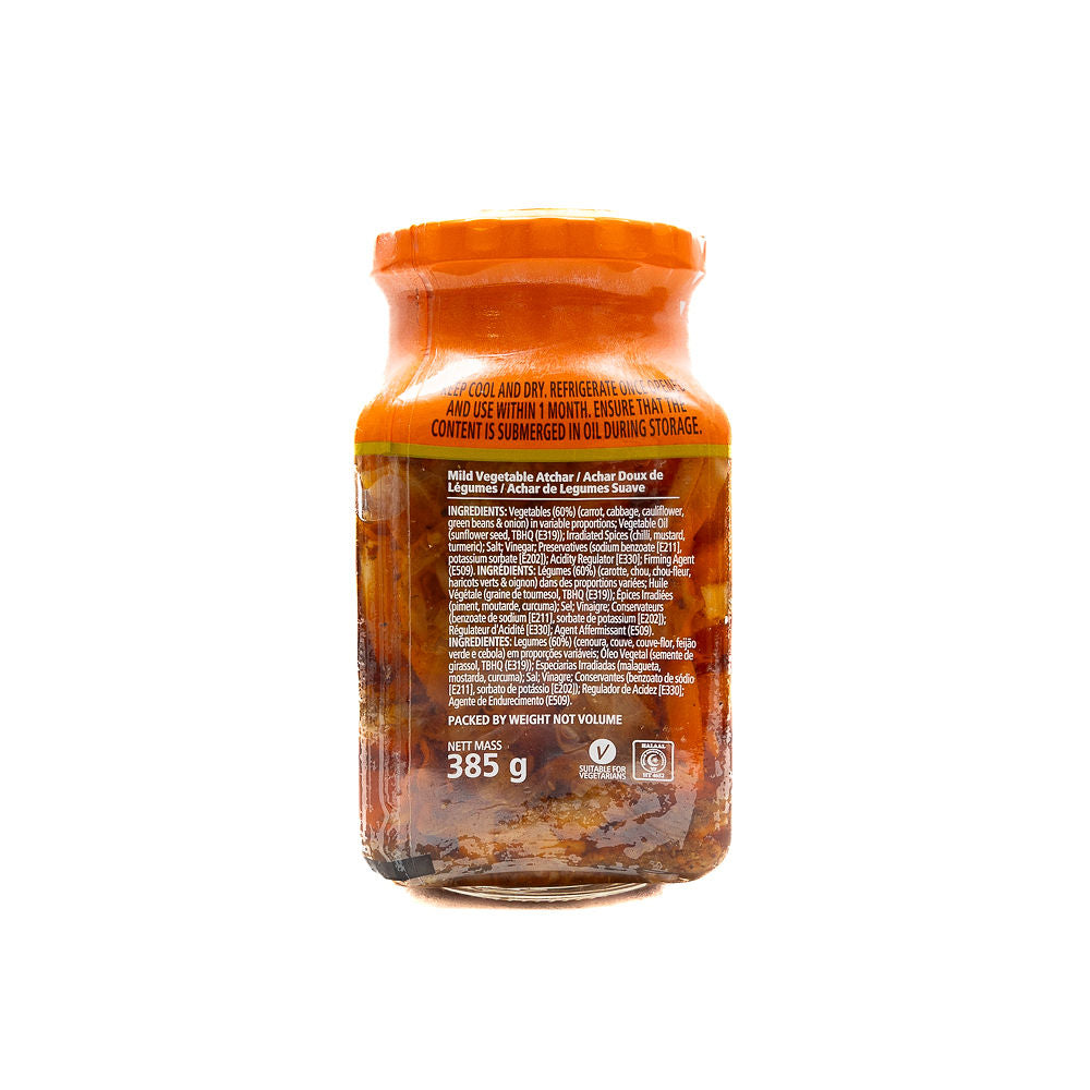 A jar of Pakco Mild Vegetable Atchar from Biltong Direct with a label showing the ingredients