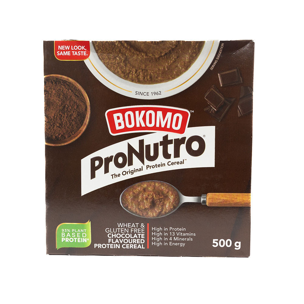 A box of Bokomo Pronutro chocolate flavored cereal, 500g size from Biltong Direct , with branding and product information displayed.