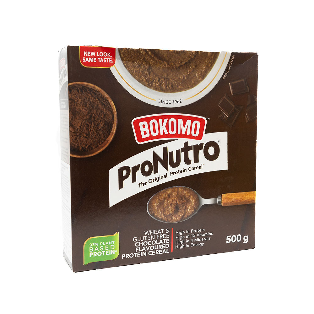 A box of Bokomo Pronutro chocolate flavored cereal, 500g size from Biltong Direct , with branding and product information displayed.