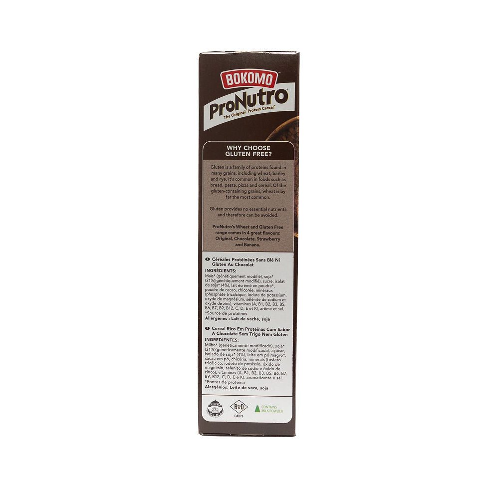 The side of a box of Bokomo Pronutro chocolate flavored cereal, 500g size from Biltong Direct , with branding and product information displayed.