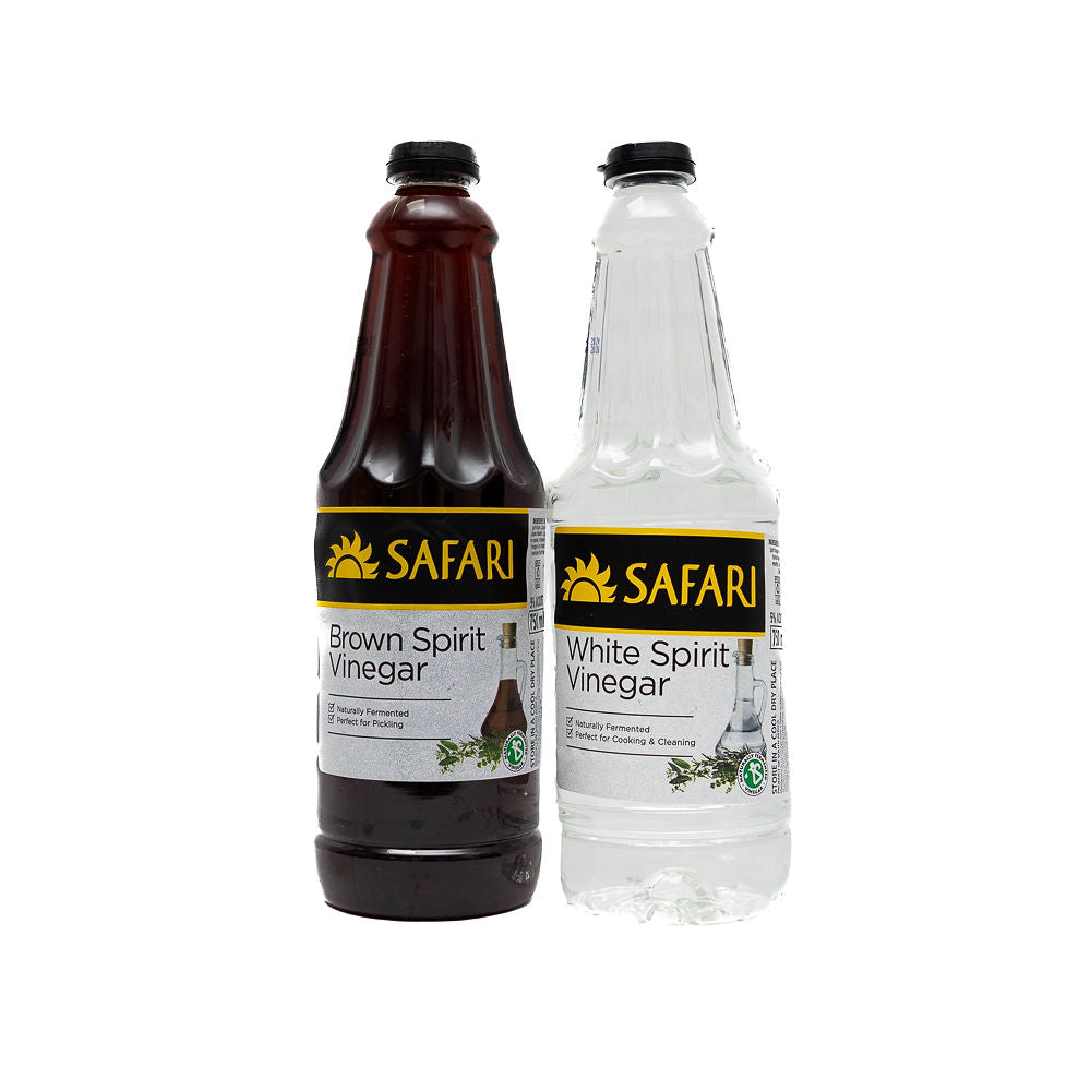 Two plastic bottle of Safari White and Brown spirit vinegar from Biltong Direct with a label showing the brand name and product name.