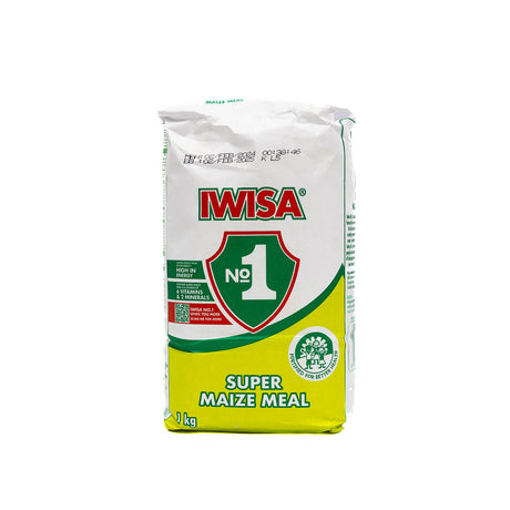 A 1kg packet of Iwisa No.1 Super Maize Meal from Biltong Direct, with branding and product information displayed on the front.