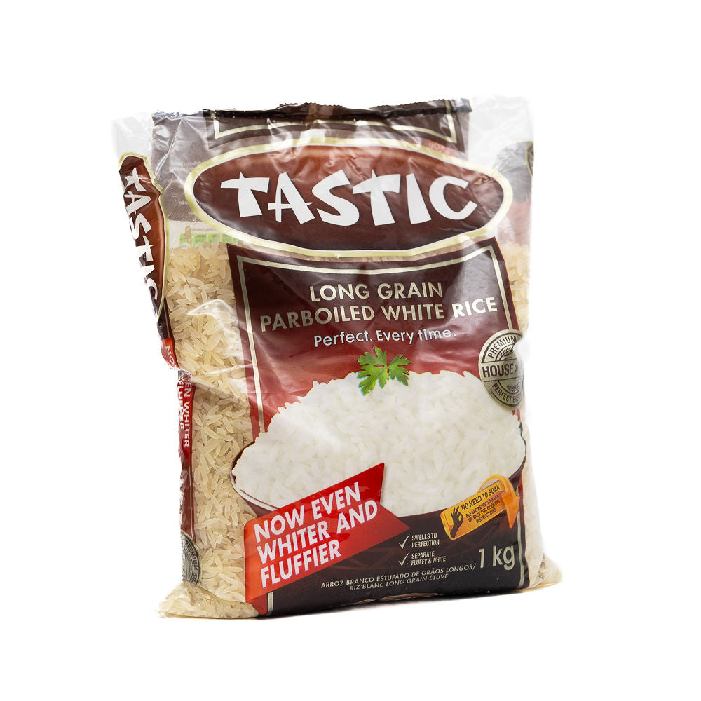 Packaging of Tastic Long Grain Parboiled White Rice, 1kg bag from Biltong Direct.
