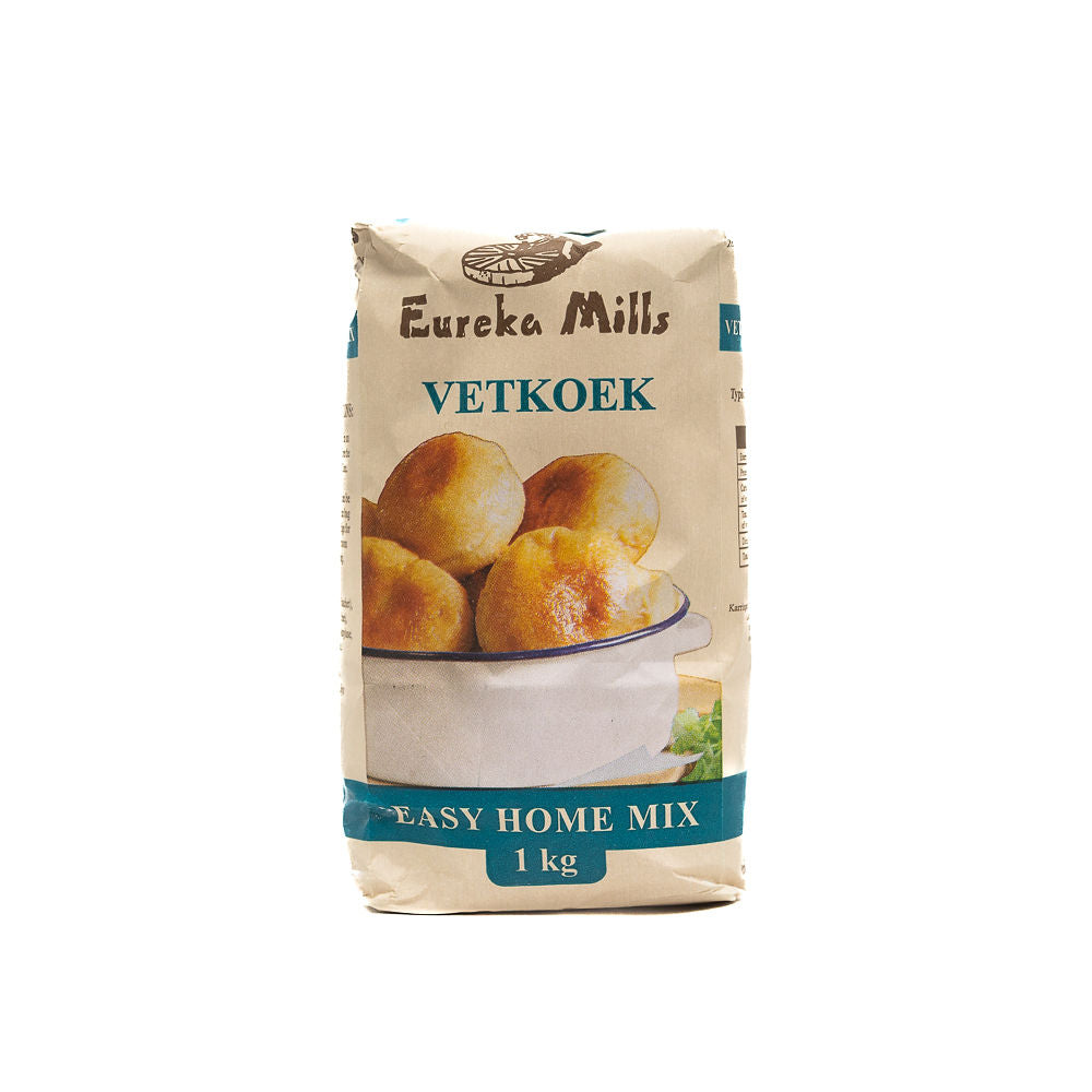 A packaged vetkoek mix from Eureka Mills from Biltong Direct, showing the product name and an image of vetkoeks on the front.