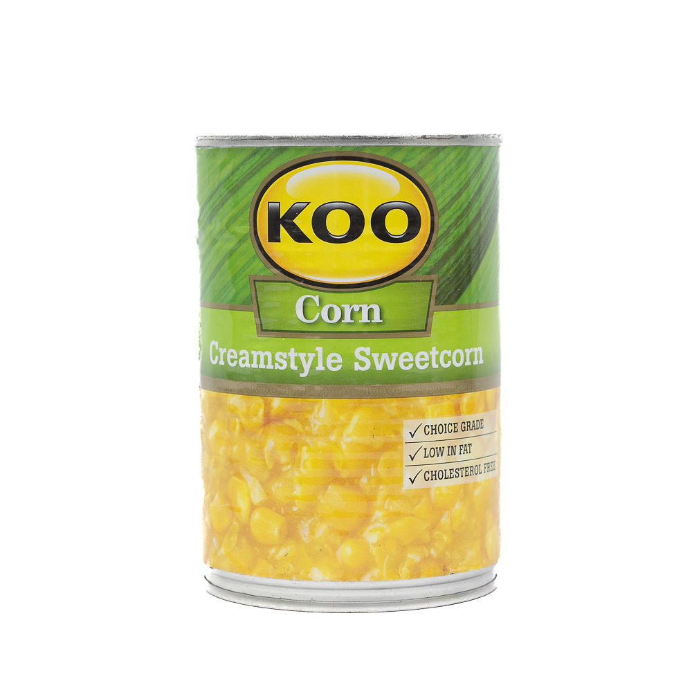 A can of KOO Creamstyle Sweetcorn, 415g, from Biltong Direct with branding and product visible through the metal.