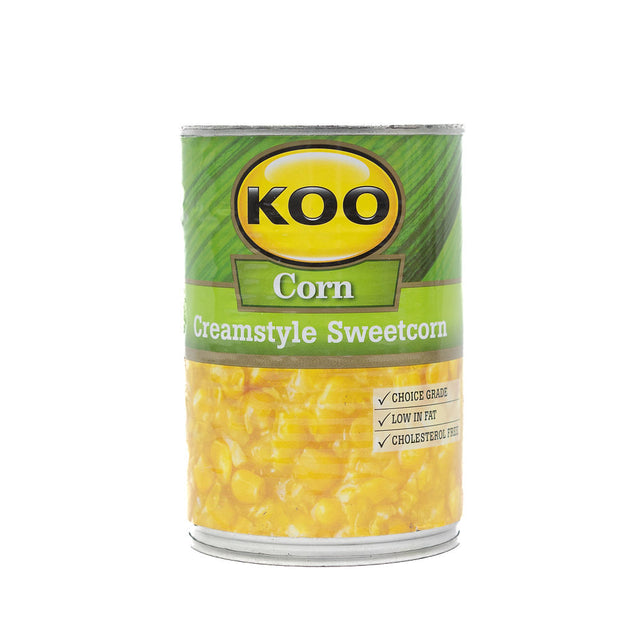 A can of KOO Creamstyle Sweetcorn, 415g, from Biltong Direct with branding and product visible through the metal.