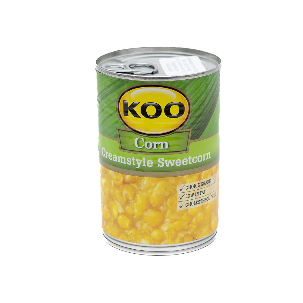 A can of KOO Creamstyle Sweetcorn, 415g, from Biltong Direct with branding and product visible through the metal.
