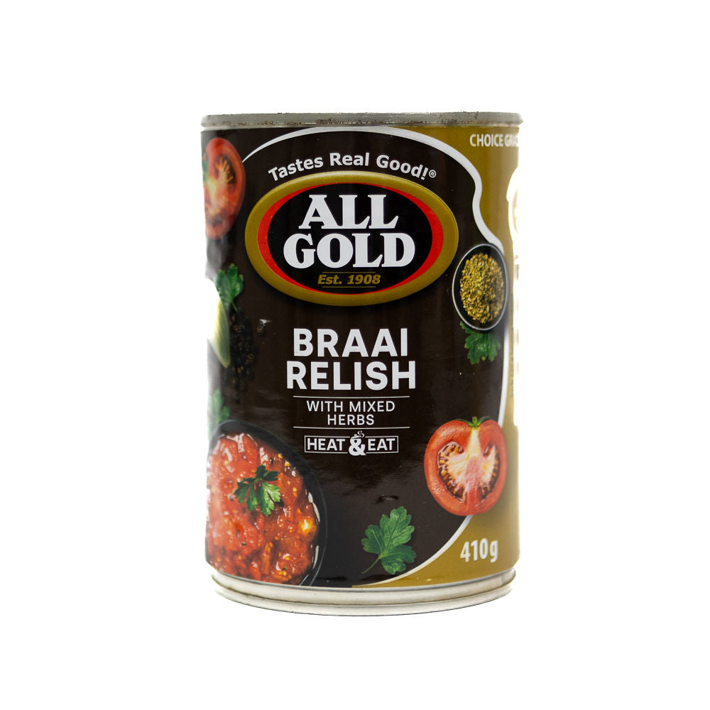 A can of All Gold Braai Relish from Biltong Direct with mixed herbs. The label shows a picture of the relish mixed with herbs and pieces of tomato.