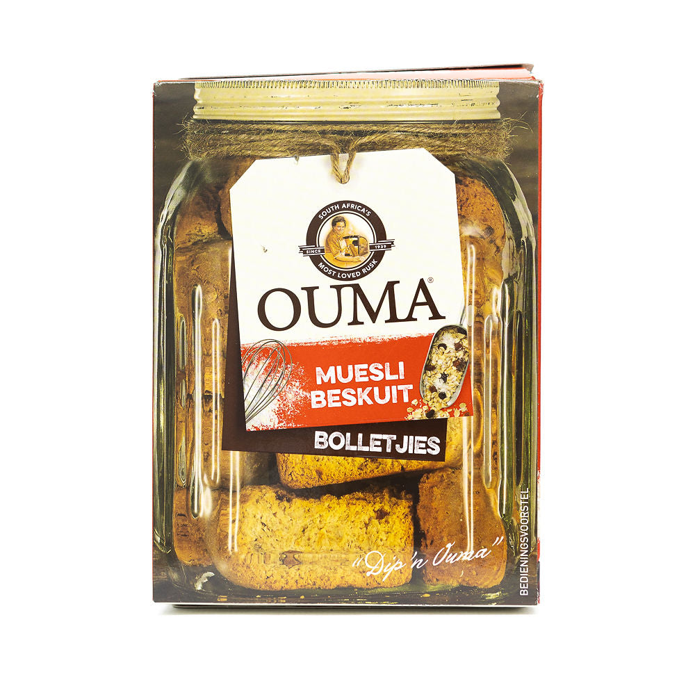 A packaged product of Ouma Rusks Muesli in a box from Biltong Direct , with visible rusks through the transparent window.