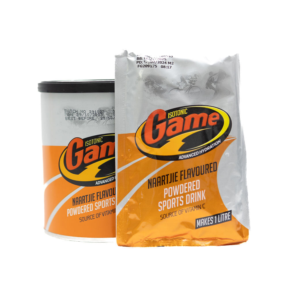 A tin and sachet of Isotonic Game Naartjie sports drink powder from Biltong Direct. The tin is predominantly white with orange and black branding elements and text.