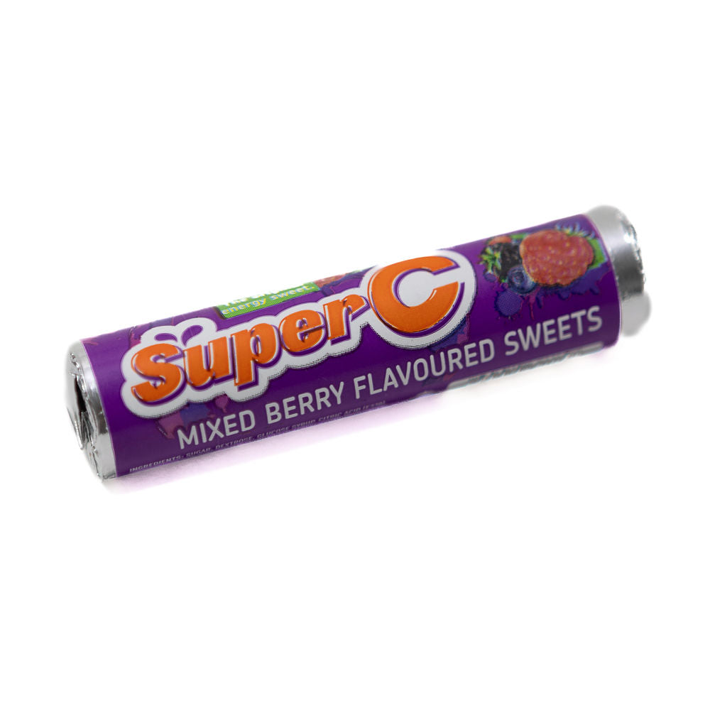 A roll of Super C mixed berry flavoured sweets wrapped in purple foil from Biltong Direct.