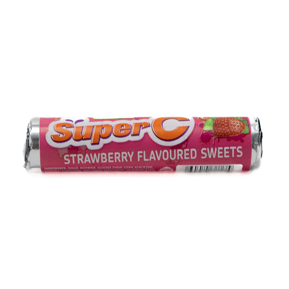 A wrapped sweets with strawberry flavouring, branded as Super C from Biltong Direct.