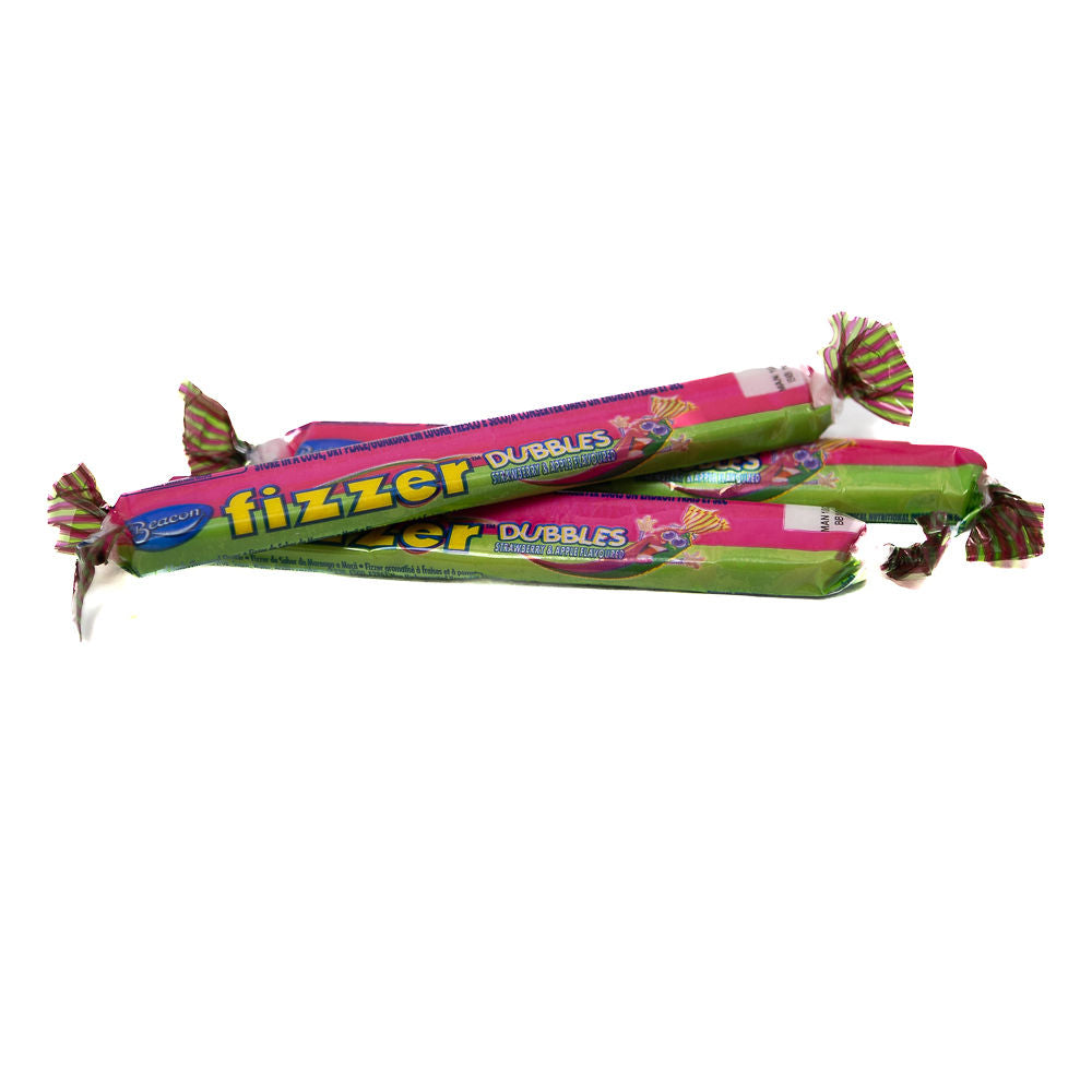 A wrapped sweet bar with pink and green wrappers, labeled 'Fizzer Dubbles' from Biltong Direct with strawberry and apple flavour.