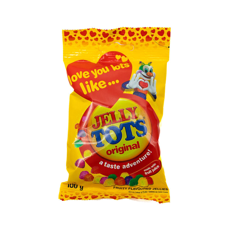A bag of Beacon Jelly Tots Original flavour from Biltong Direct, with a yellow and red design, featuring characters and the text 'Love you like.