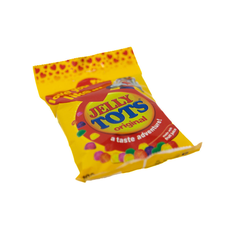 A bag of Beacon Jelly Tots Original flavour from Biltong Direct, with a yellow and red design, featuring characters and the text 'Love you like.