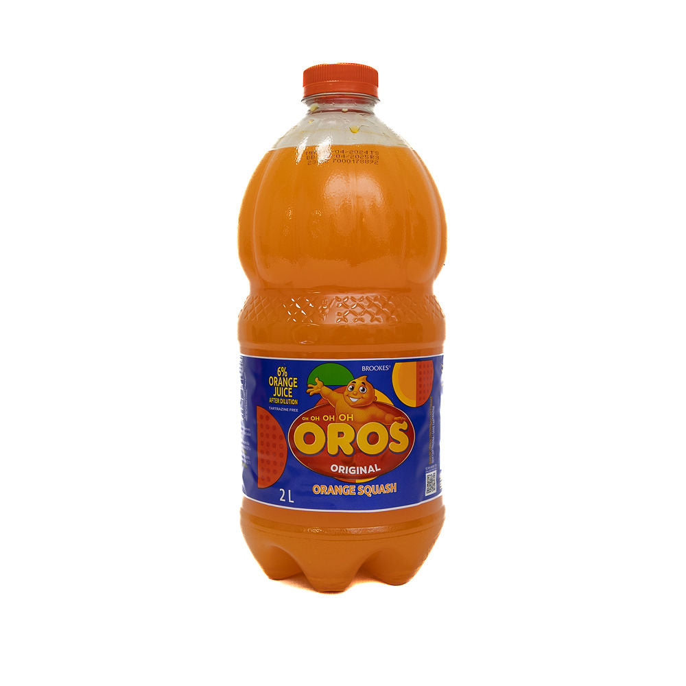 A 2-liter plastic bottle of Brookes Oros Original Orange Squash from Biltong Direct with a red cap and label featuring the brand logo and product information.