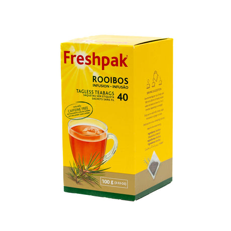 A box of Freshpak Rooibos teabags containing 40 tagless teabags from Biltong Direct, with an image of a cup of tea on the front.