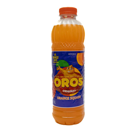 A 1 liter bottle of brookes Oros Original Orange Squash from Biltong Direct with a vibrant orange label featuring illustrations of oranges and leaves.