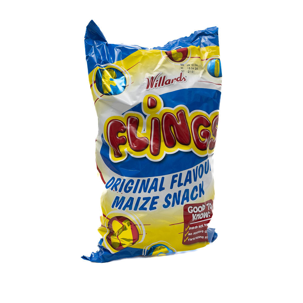A bag of Willards Flings from Biltong Direct, which is a light, fluffy snack made from maize, packaged in a yellow and blue bag.