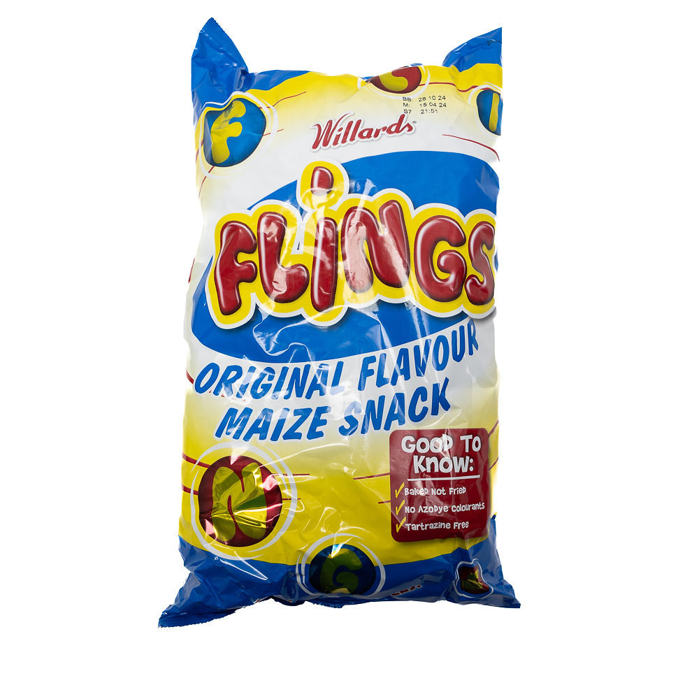 A bag of Willards Flings from Biltong Direct, which is a light, fluffy snack made from maize, packaged in a yellow and blue bag.