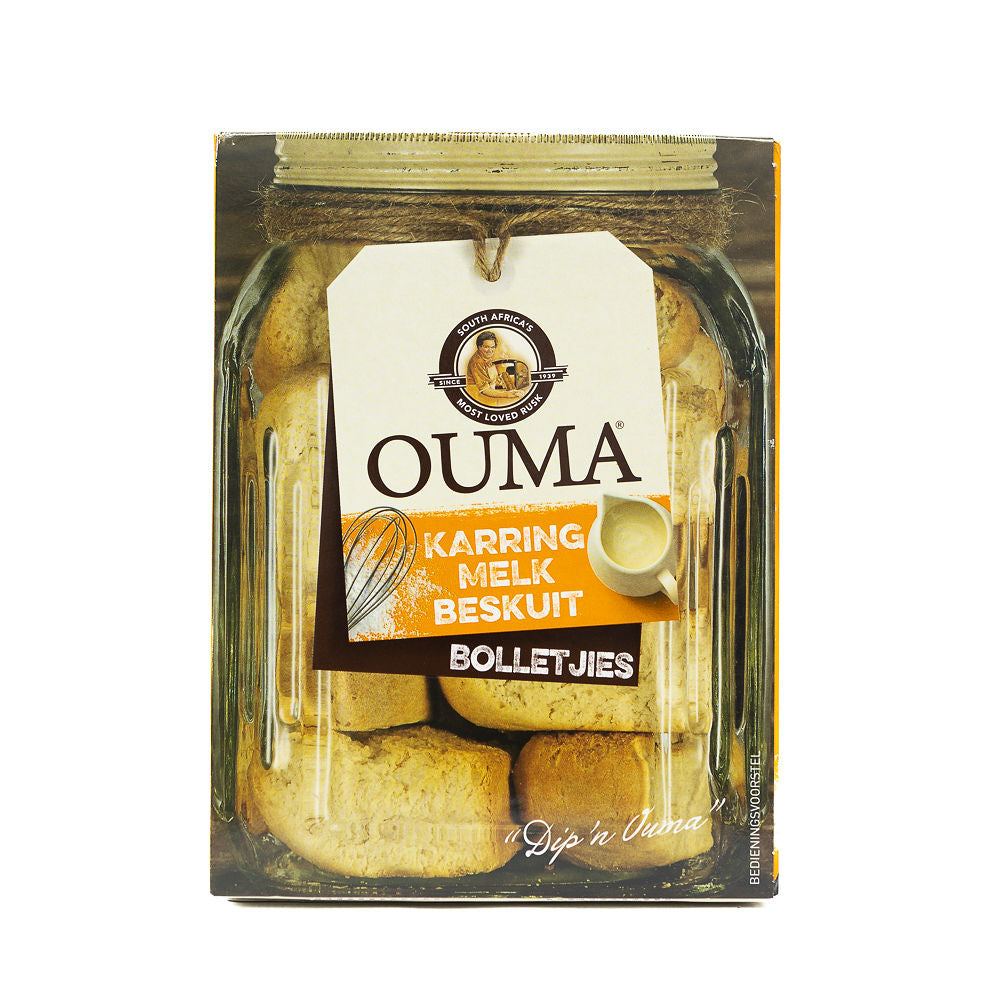 Package of Ouma Buttermilk Rusks 500g from Biltong Direct, showing the product in a clear plastic container with a white and brown label at the top.